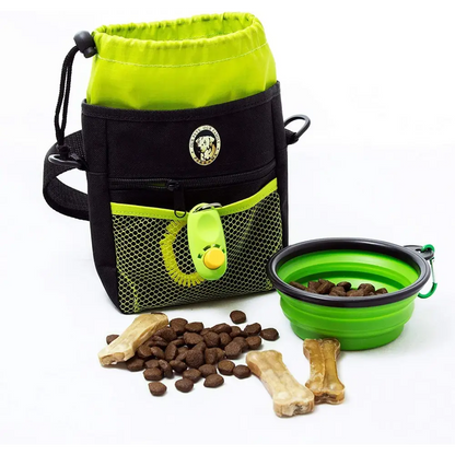 Dog Treat Pouch - Premium Training Treat Bag with Clicker and Collapsible Bowl for Dogs, Adjustable Waist and Shoulder Reflective Straps and Belt Clip, Ideal for Pet Obedience and Agility Training