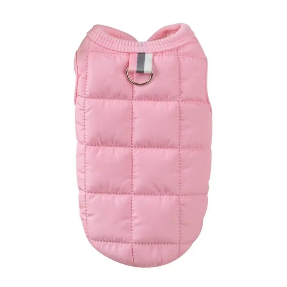 Pink quilted puffer vest with a D-ring attachment.