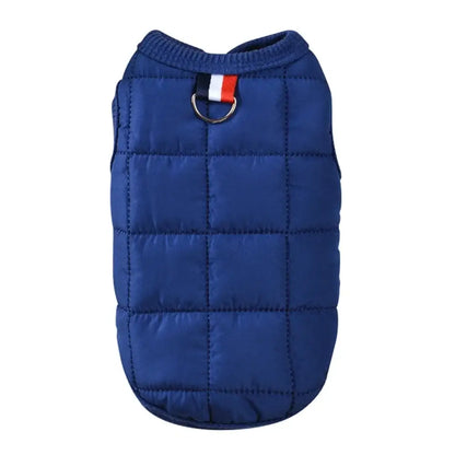 Navy blue quilted dog vest with a red-white-blue striped accent.