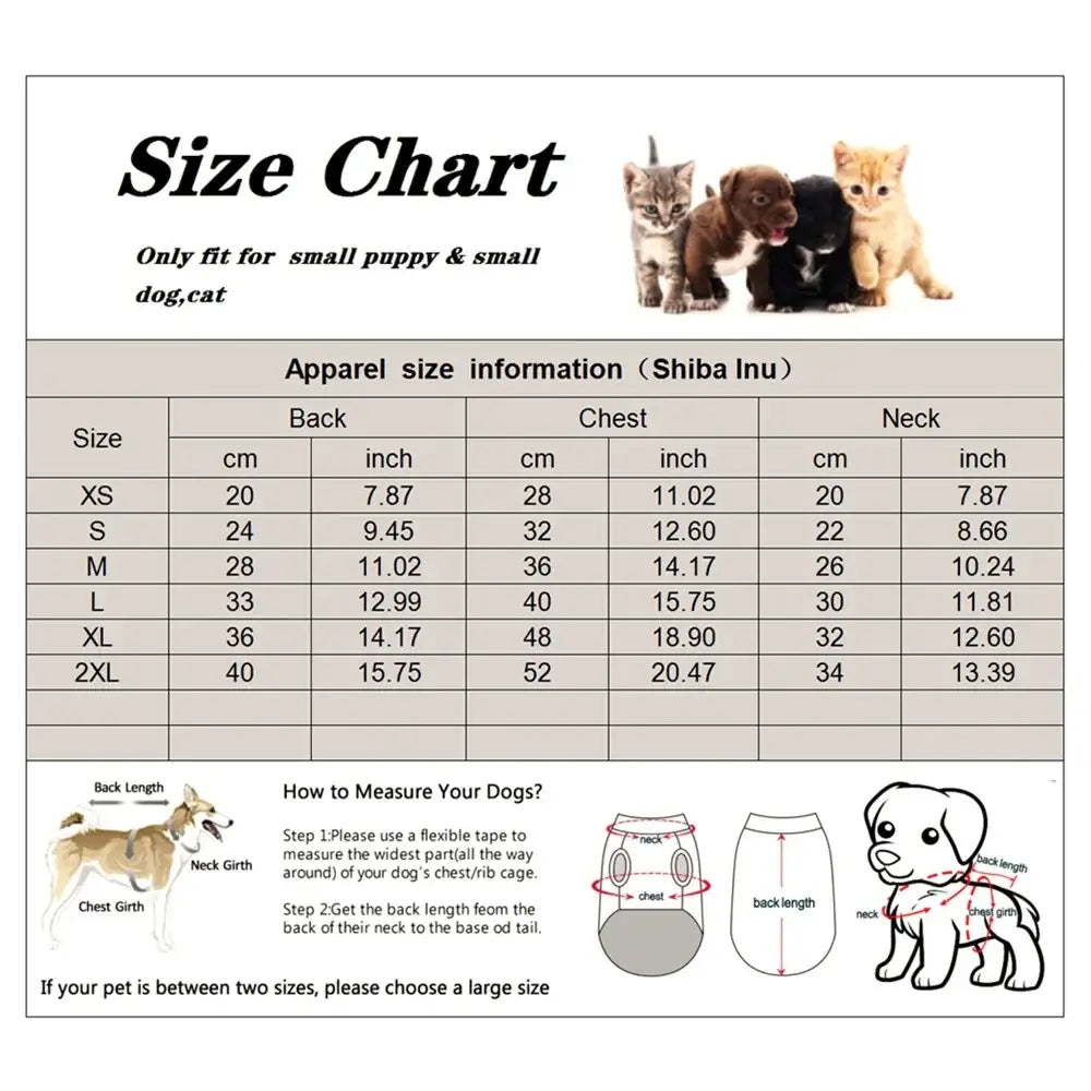 Size chart for dog apparel with measurement instructions and pet photos.