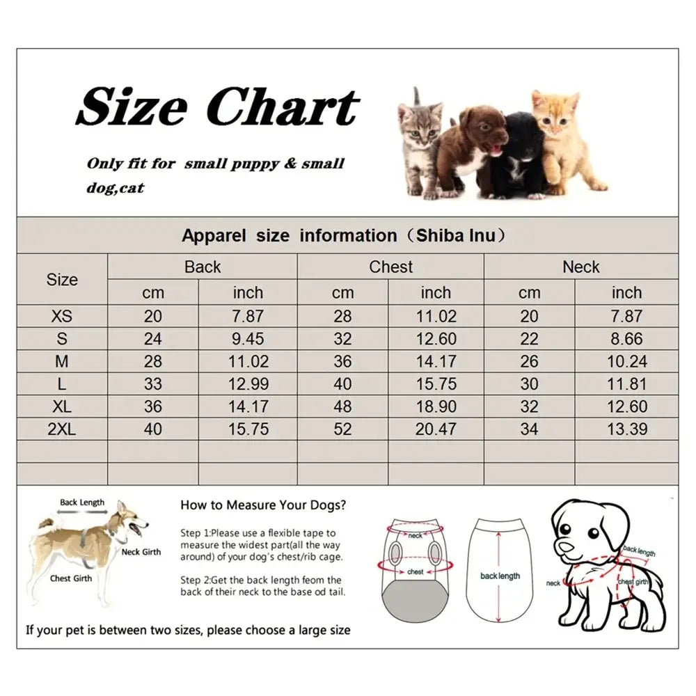 Size chart for dog apparel with measurement instructions and a sizing table.