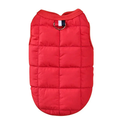 Red quilted puffer vest with a D-ring attachment.