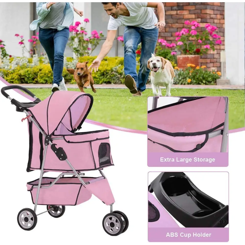 3 Wheels Pet Stroller Dog Stroller Cat Cage Jogger Stroller Cats Travel Folding Carrier Waterproof Puppy Stroller with Cup Holder & Removable Liner (Pink)