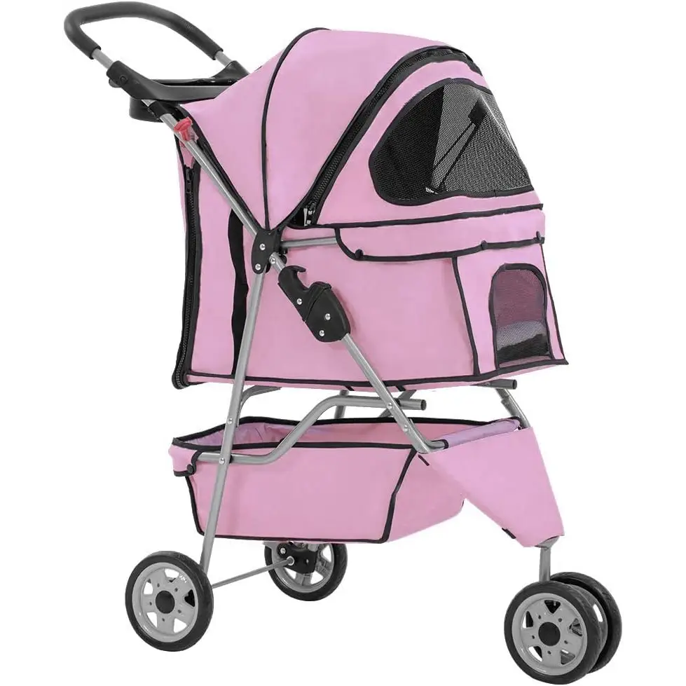 3 Wheels Pet Stroller Dog Stroller Cat Cage Jogger Stroller Cats Travel Folding Carrier Waterproof Puppy Stroller with Cup Holder & Removable Liner (Pink)