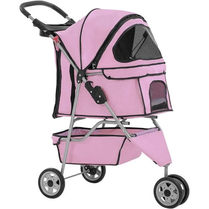 3 Wheels Pet Stroller Dog Stroller Cat Cage Jogger Stroller Cats Travel Folding Carrier Waterproof Puppy Stroller with Cup Holder & Removable Liner (Pink)