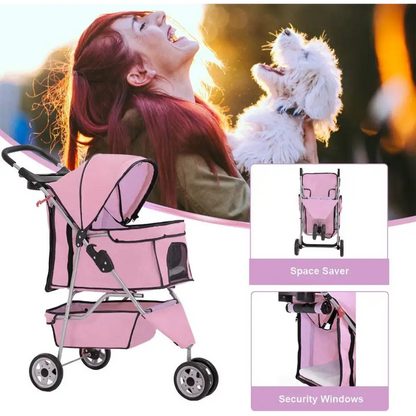 3 Wheels Pet Stroller Dog Stroller Cat Cage Jogger Stroller Cats Travel Folding Carrier Waterproof Puppy Stroller with Cup Holder & Removable Liner (Pink)