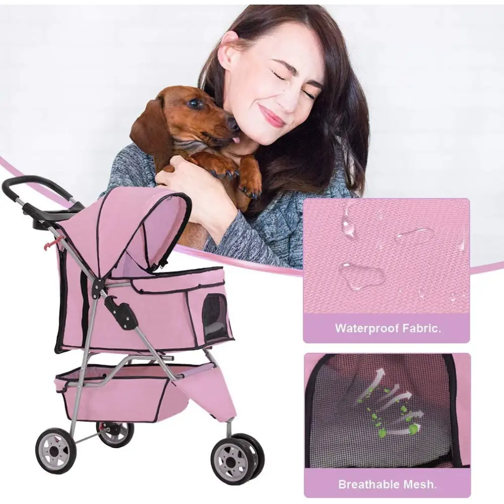 3 Wheels Pet Stroller Dog Stroller Cat Cage Jogger Stroller Cats Travel Folding Carrier Waterproof Puppy Stroller with Cup Holder & Removable Liner (Pink)