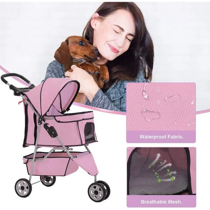 3 Wheels Pet Stroller Dog Stroller Cat Cage Jogger Stroller Cats Travel Folding Carrier Waterproof Puppy Stroller with Cup Holder & Removable Liner (Pink)