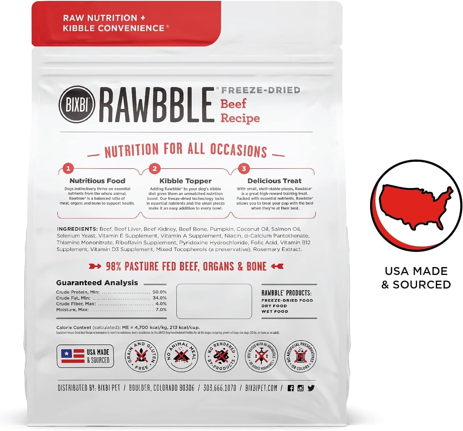 Rawbble Freeze Dried Dog Food, Beef Recipe, 12 Oz - 98% Meat and Organs, No Fillers - Pantry-Friendly Raw Dog Food for Meal, Treat or Food Topper - USA Made in Small Batches