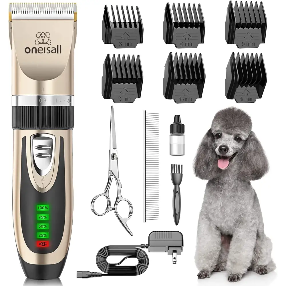 Dog Clippers Low Noise, 2-Speed Quiet Dog Grooming Kit Rechargeable Cordless Pet Hair Clipper Trimmer Shaver for Small and Large Dogs Cats Animals (Gold)