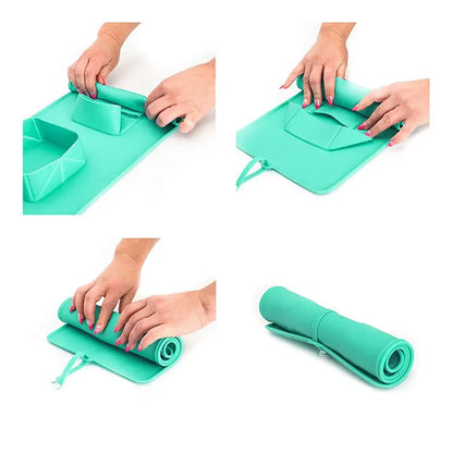 Turquoise yoga mat being rolled up in a step-by-step sequence.