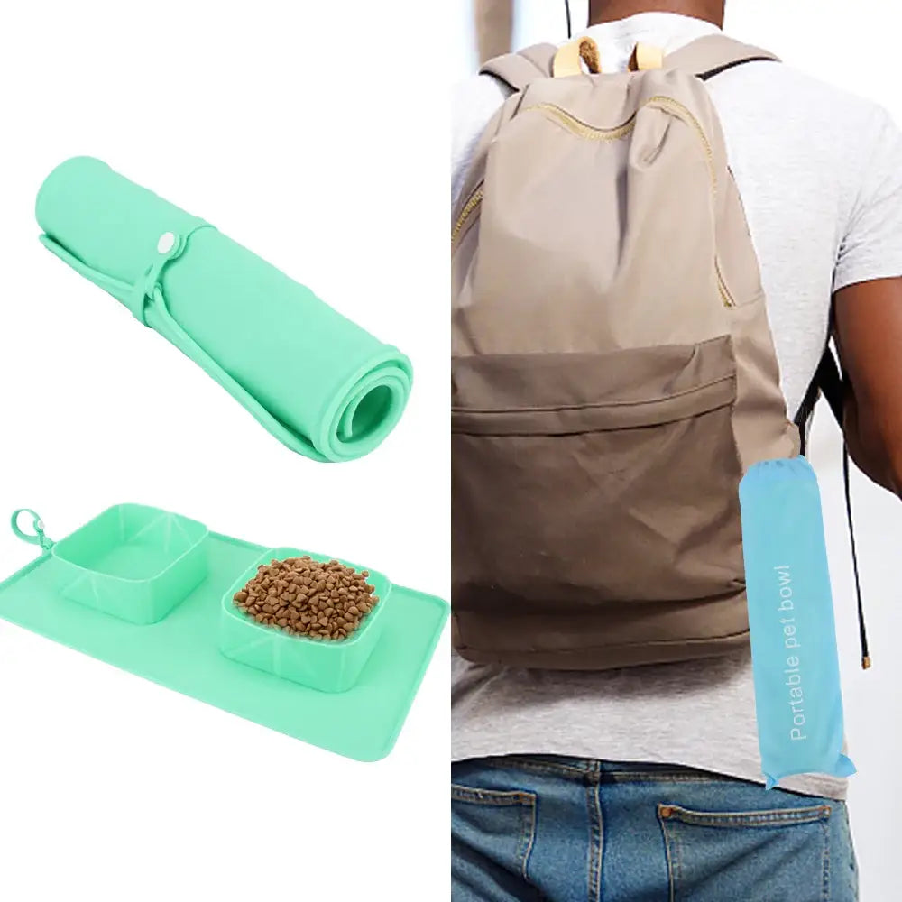 Mint green silicone pet food mat that rolls up for travel.