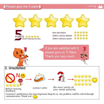 Customer feedback request card showing 5-star rating options and instructions for handling satisfaction and dissatisfaction.