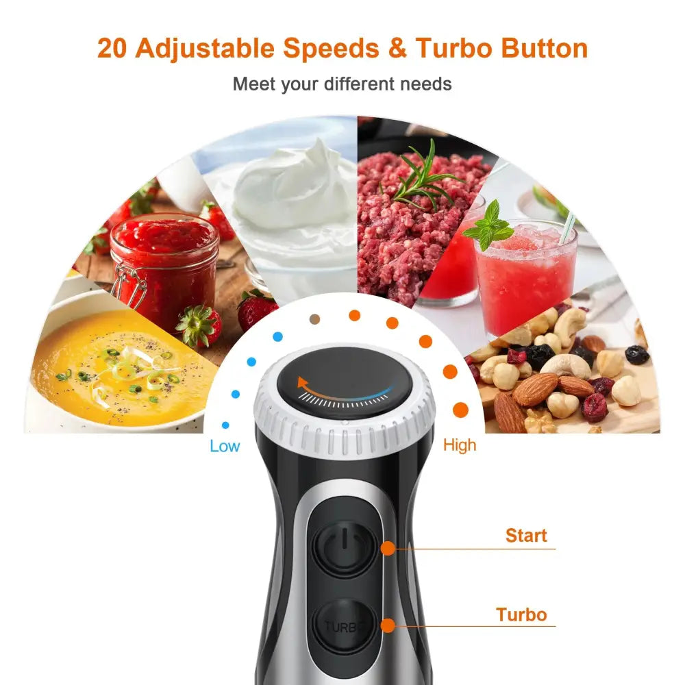 Immersion Blender Handheld, Stainless Steel Hand Stick Blender, 20-Speed Hand Blender, Free Warranty