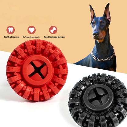 Circular rubber dog toy with textured spikes in red and black versions.